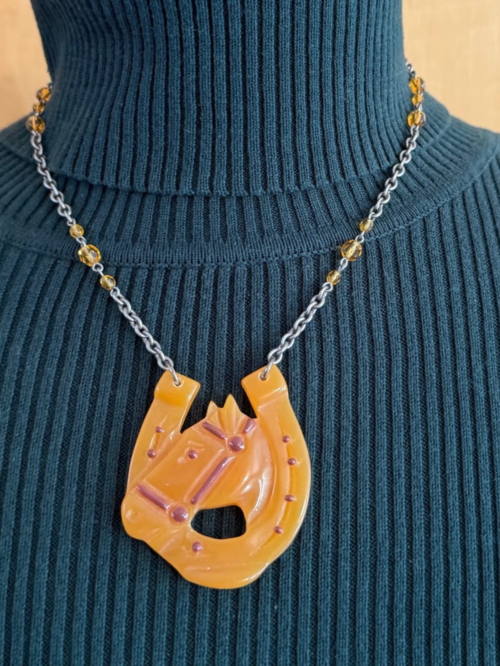 Fakelite (Faux Bakelite) Butterscotch Color Horseshoe with Horse Head Necklace